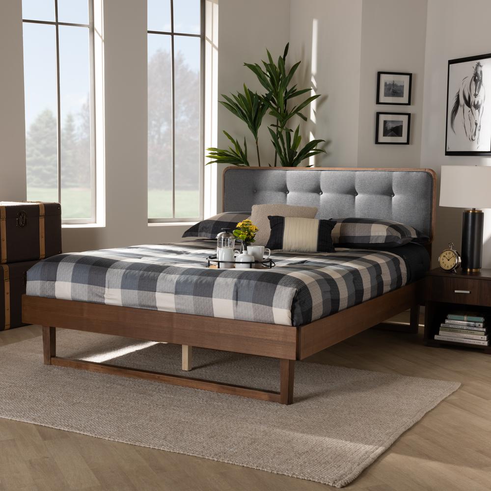 Dark Grey Fabric Upholstered and Ash Walnut Finished Wood King Size Platform Bed. Picture 16