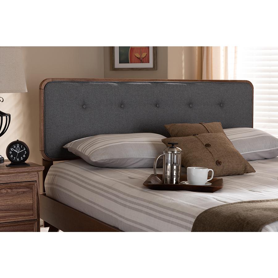 Dark Grey Fabric Upholstered Walnut Brown Finished Wood King Size Headboard. Picture 9