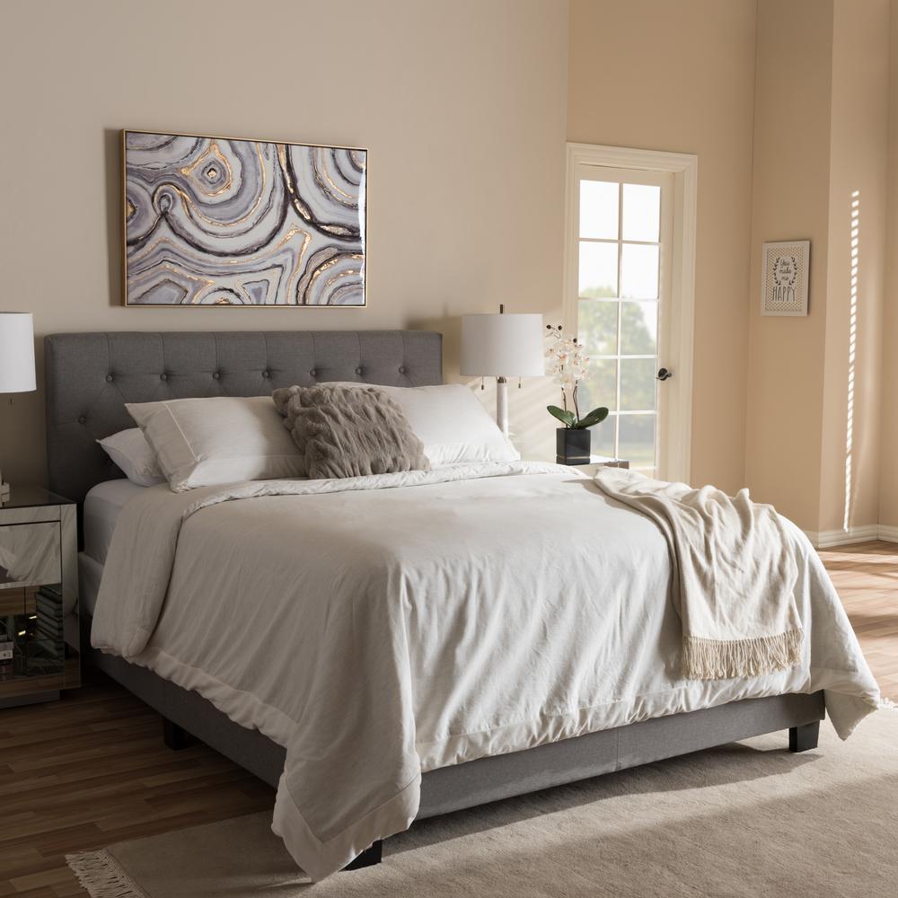 Cassandra Modern and Contemporary Light Grey Fabric Upholstered King Size Bed. Picture 14