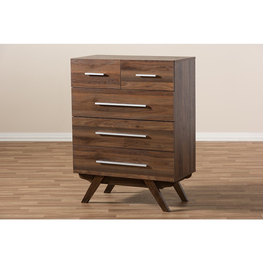 Auburn Mid-Century Modern Walnut Brown Finished Wood 5-Drawer Chest. Picture 10