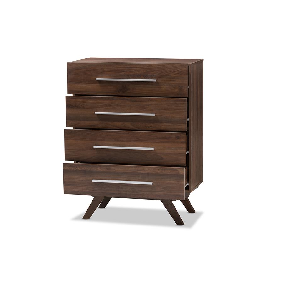 Auburn Mid-Century Modern Walnut Brown Finished Wood 4-Drawer Chest. Picture 3