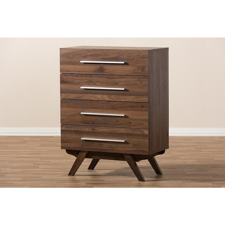 Auburn Mid-Century Modern Walnut Brown Finished Wood 4-Drawer Chest. Picture 10