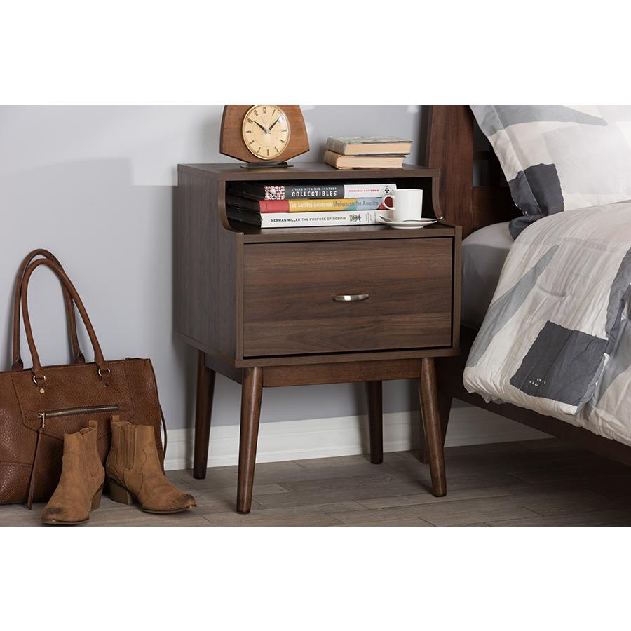 Disa Mid-Century Modern Walnut Brown Finished Nightstand. Picture 9