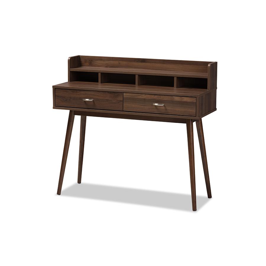 Disa Mid-Century Modern Walnut Brown Finished 2-Drawer Desk. Picture 1