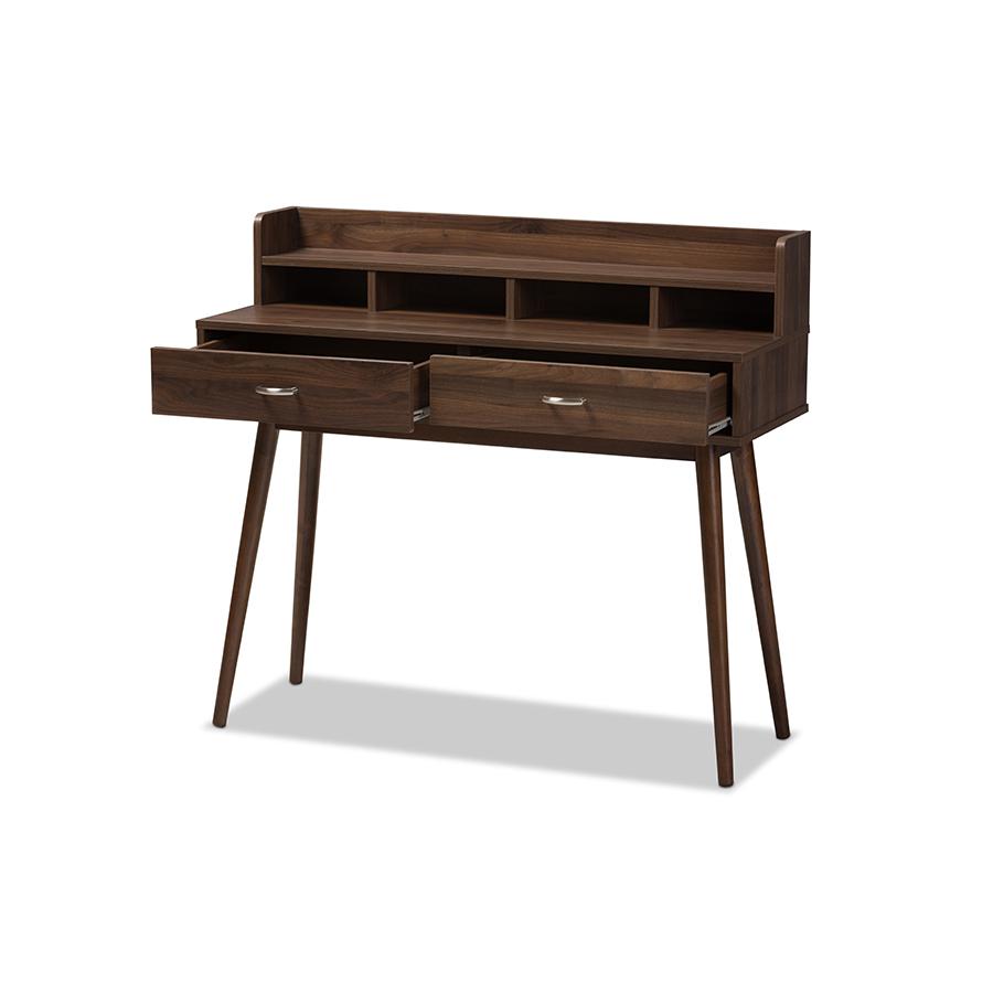 Disa Mid-Century Modern Walnut Brown Finished 2-Drawer Desk. Picture 2