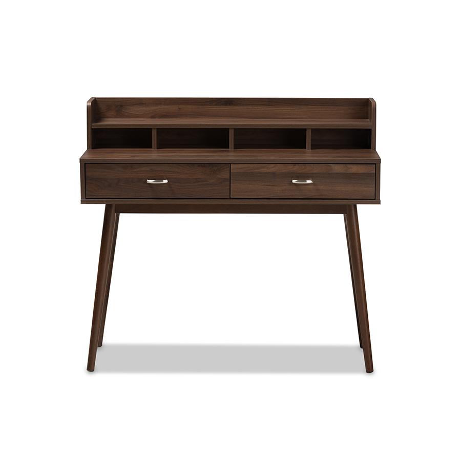 Disa Mid-Century Modern Walnut Brown Finished 2-Drawer Desk. Picture 3