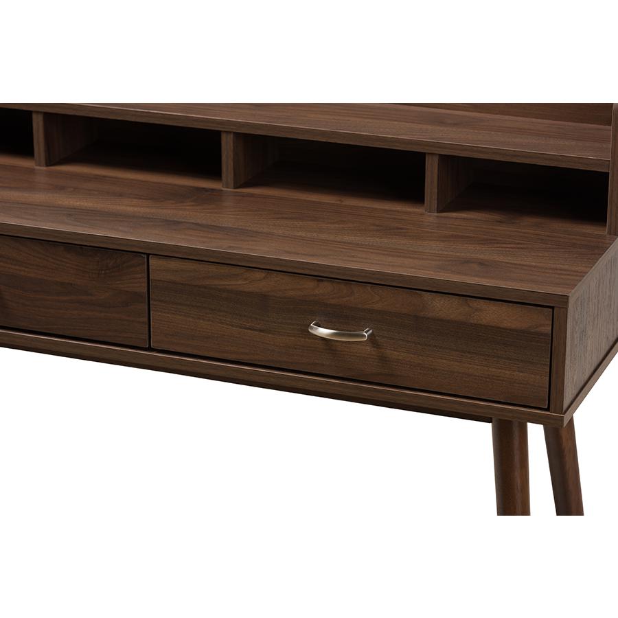 Disa Mid-Century Modern Walnut Brown Finished 2-Drawer Desk. Picture 5