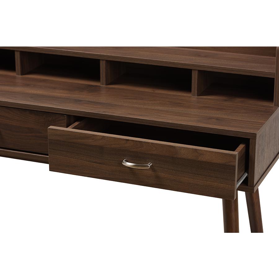 Disa Mid-Century Modern Walnut Brown Finished 2-Drawer Desk. Picture 6