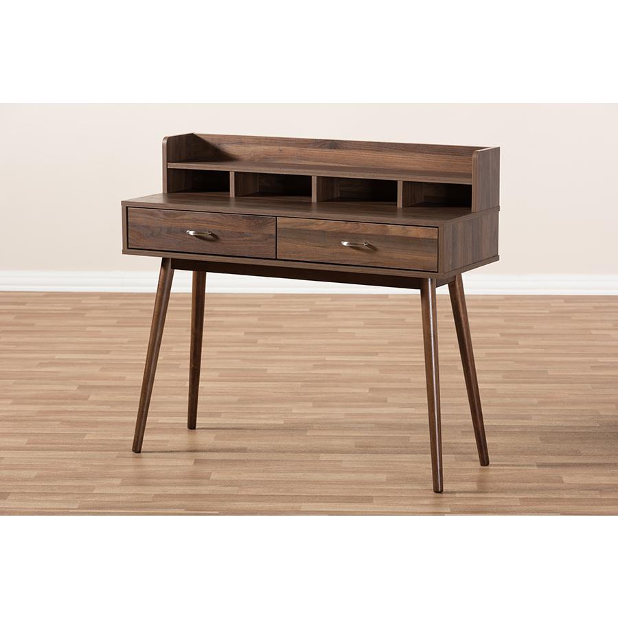 Disa Mid-Century Modern Walnut Brown Finished 2-Drawer Desk. Picture 8