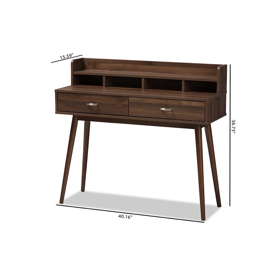 Disa Mid-Century Modern Walnut Brown Finished 2-Drawer Desk. Picture 9