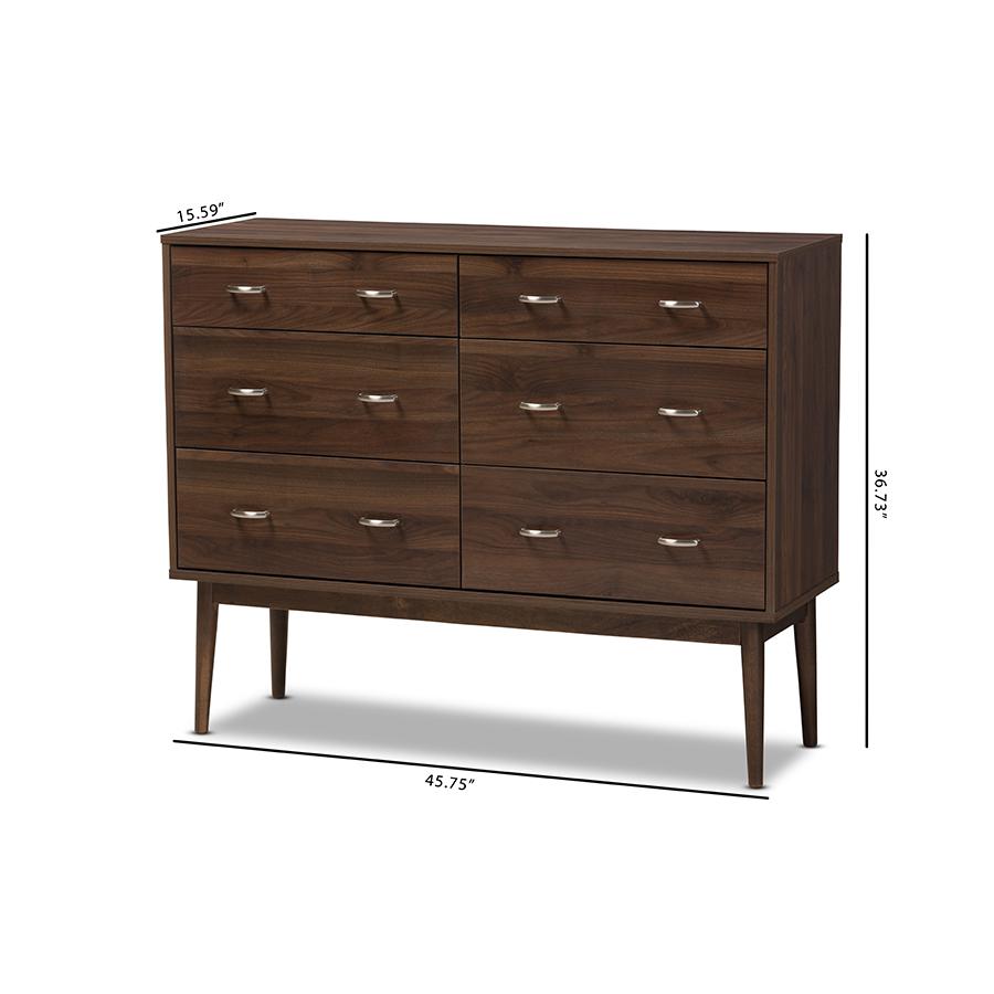 Disa Mid-Century Modern Walnut Brown Finished 6-Drawer Dresser. Picture 10
