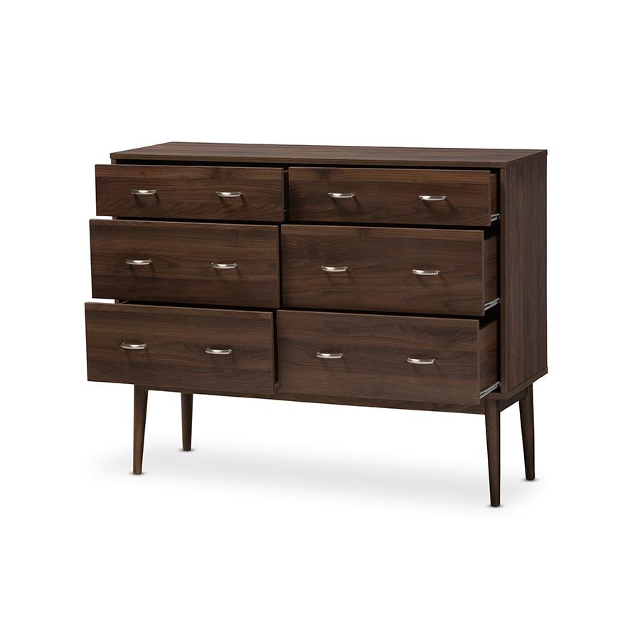 Disa Mid-Century Modern Walnut Brown Finished 6-Drawer Dresser. Picture 2