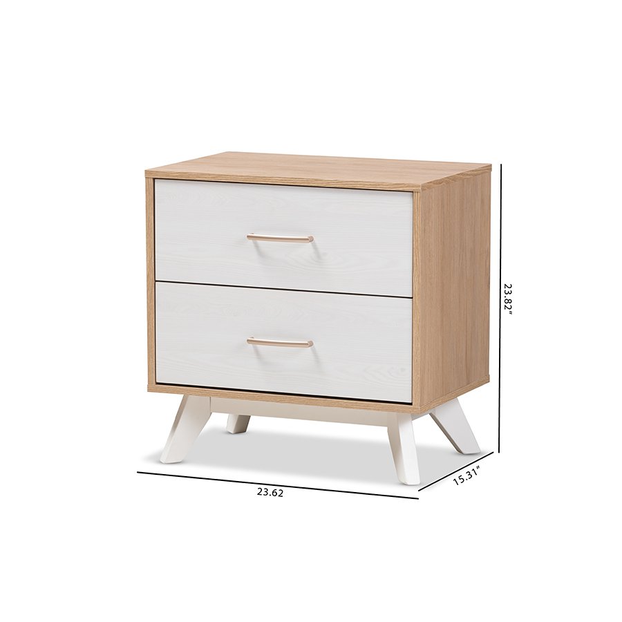 Helena Mid-Century Modern Natural Oak and Whitewashed Finished Wood 2-Drawer Nightstand. Picture 11