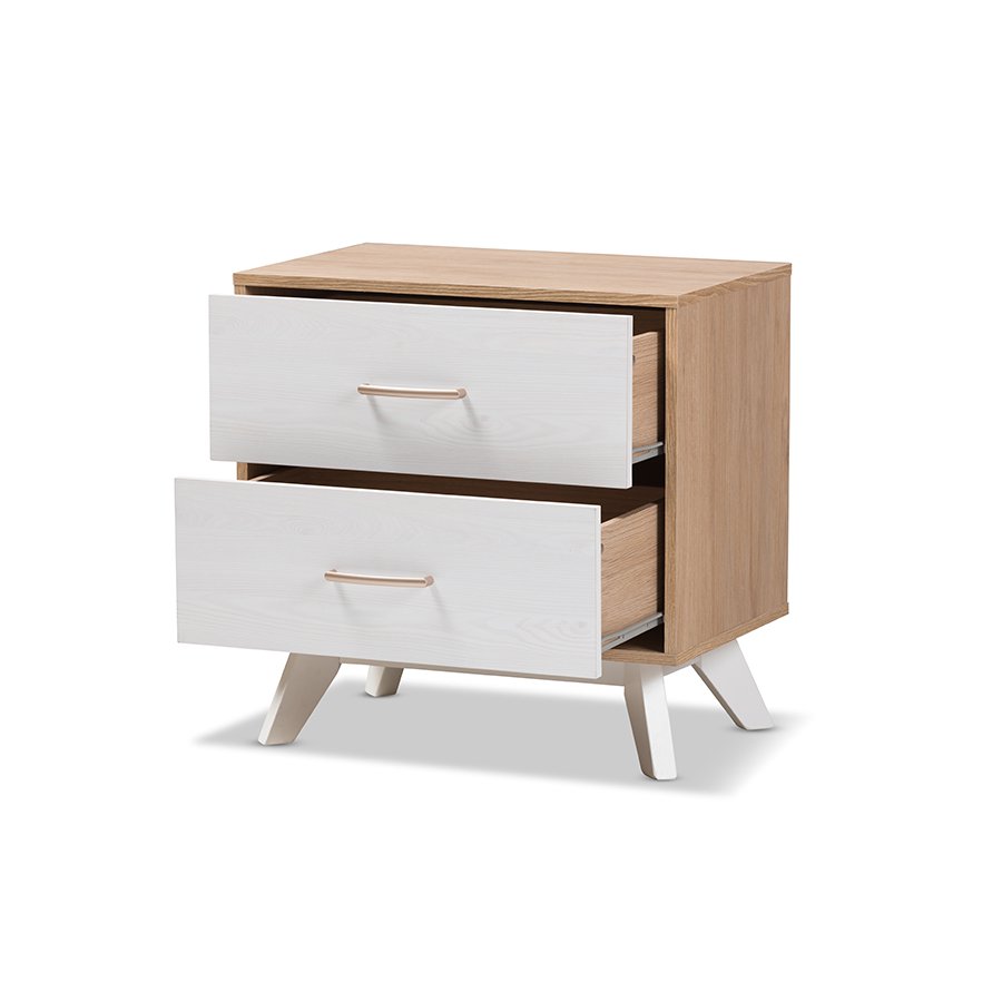 Helena Mid-Century Modern Natural Oak and Whitewashed Finished Wood 2-Drawer Nightstand. Picture 3