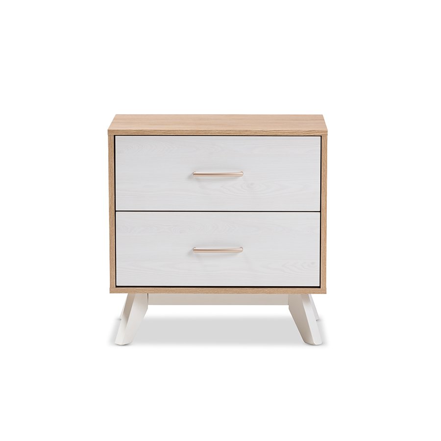 Helena Mid-Century Modern Natural Oak and Whitewashed Finished Wood 2-Drawer Nightstand. Picture 4