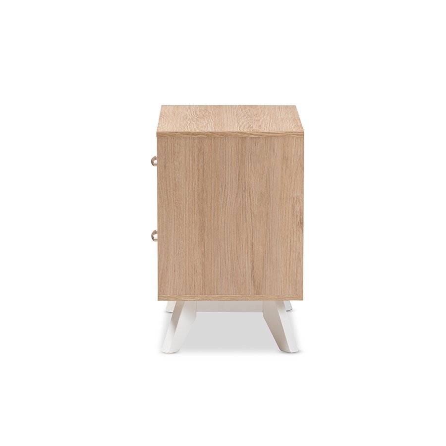 Helena Mid-Century Modern Natural Oak and Whitewashed Finished Wood 2-Drawer Nightstand. Picture 5
