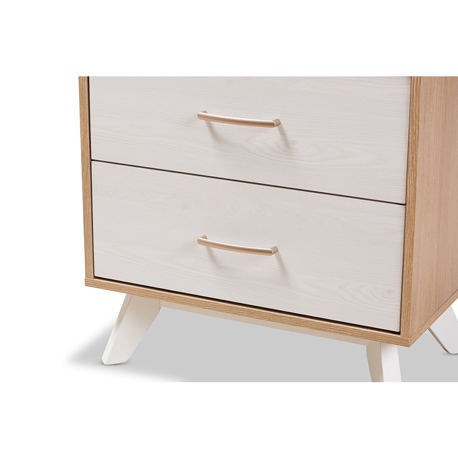 Helena Mid-Century Modern Natural Oak and Whitewashed Finished Wood 2-Drawer Nightstand. Picture 6