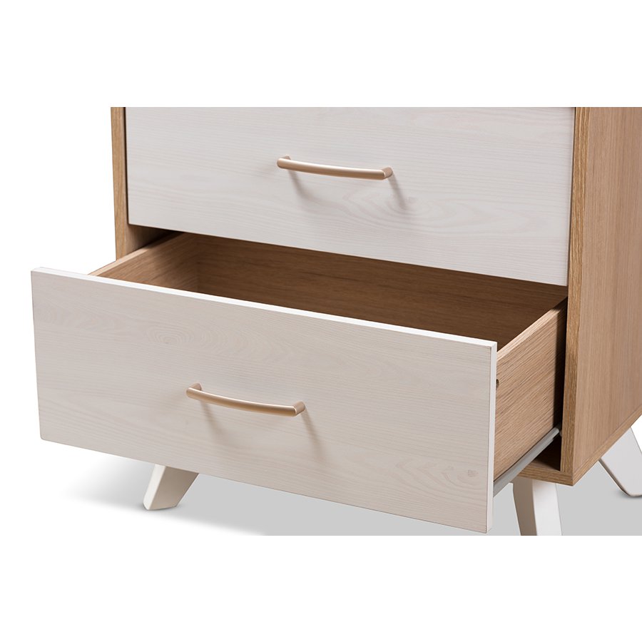 Helena Mid-Century Modern Natural Oak and Whitewashed Finished Wood 2-Drawer Nightstand. Picture 7