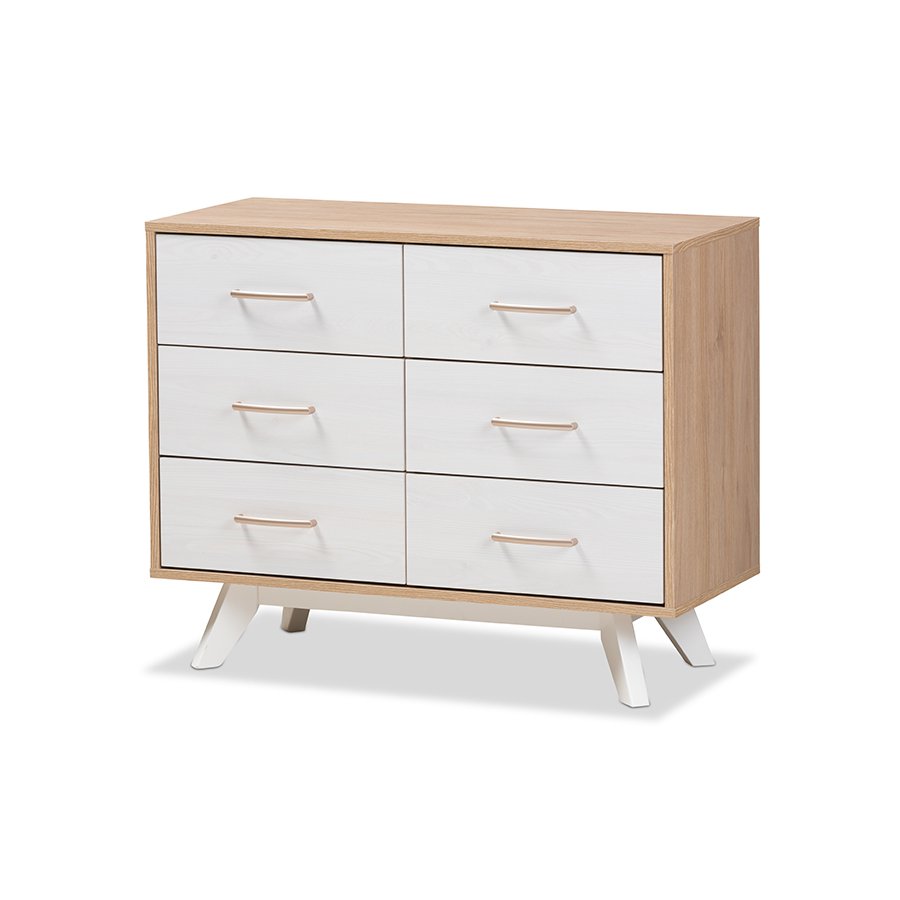 Helena Mid-Century Modern Natural Oak and Whitewashed Finished Wood 6-Drawer Dresser. Picture 1