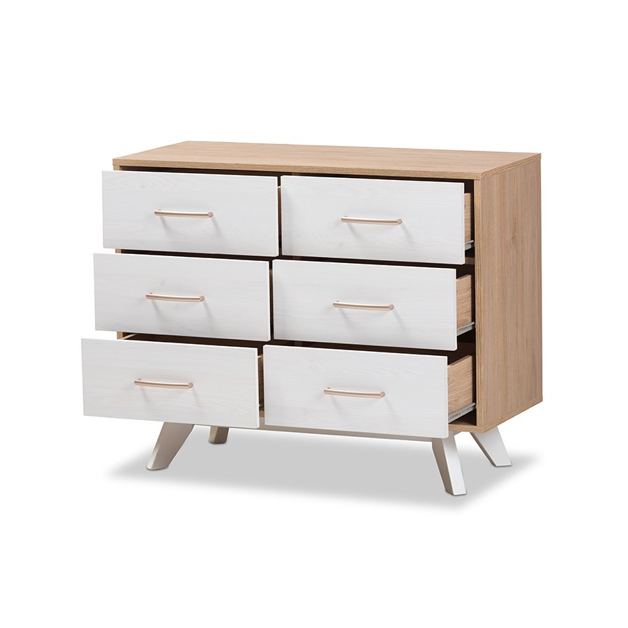 Helena Mid-Century Modern Natural Oak and Whitewashed Finished Wood 6-Drawer Dresser. Picture 3