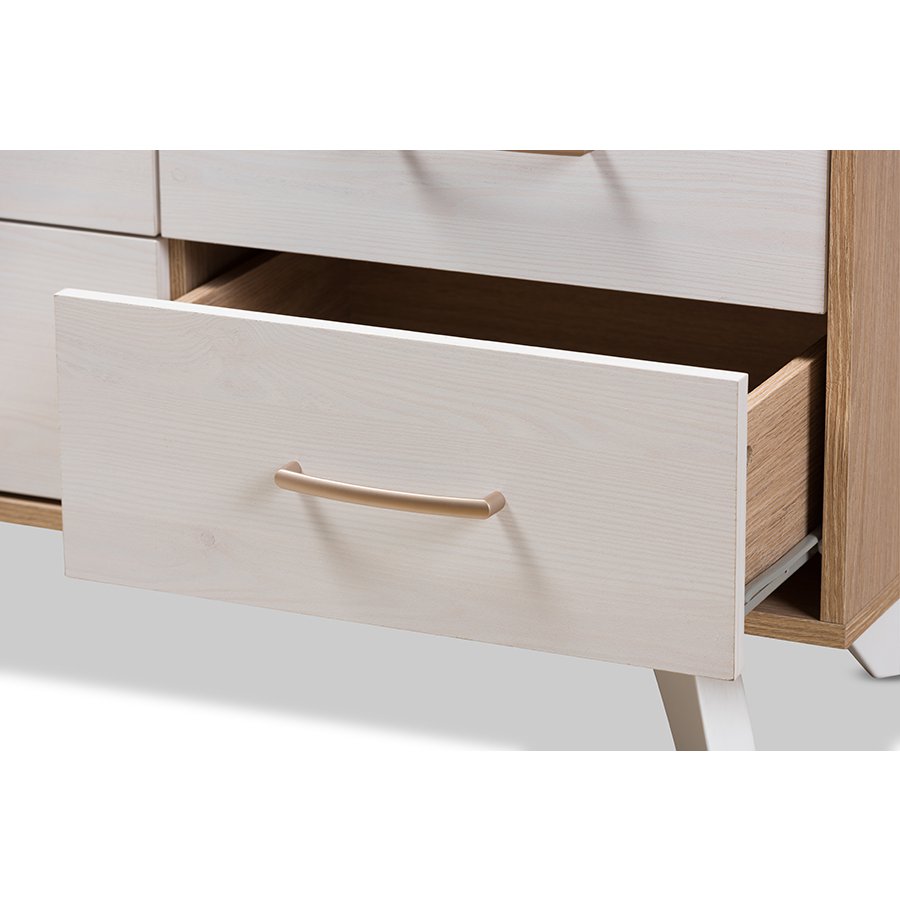 Helena Mid-Century Modern Natural Oak and Whitewashed Finished Wood 6-Drawer Dresser. Picture 7
