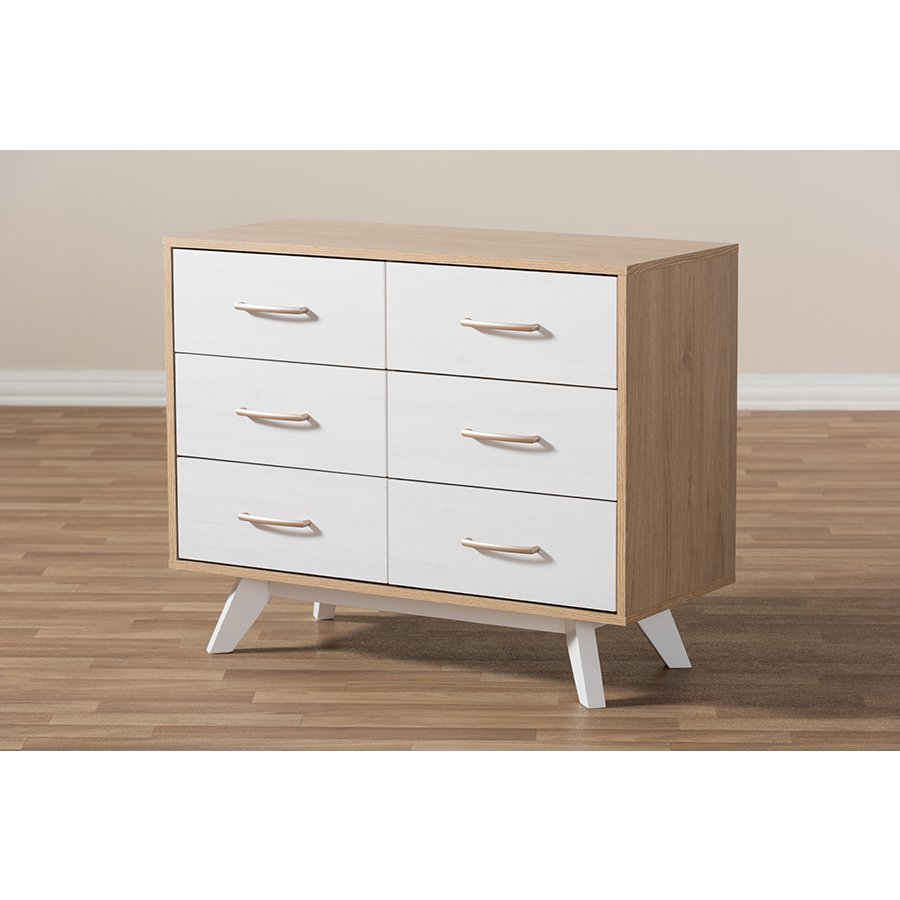 Helena Mid-Century Modern Natural Oak and Whitewashed Finished Wood 6-Drawer Dresser. Picture 10