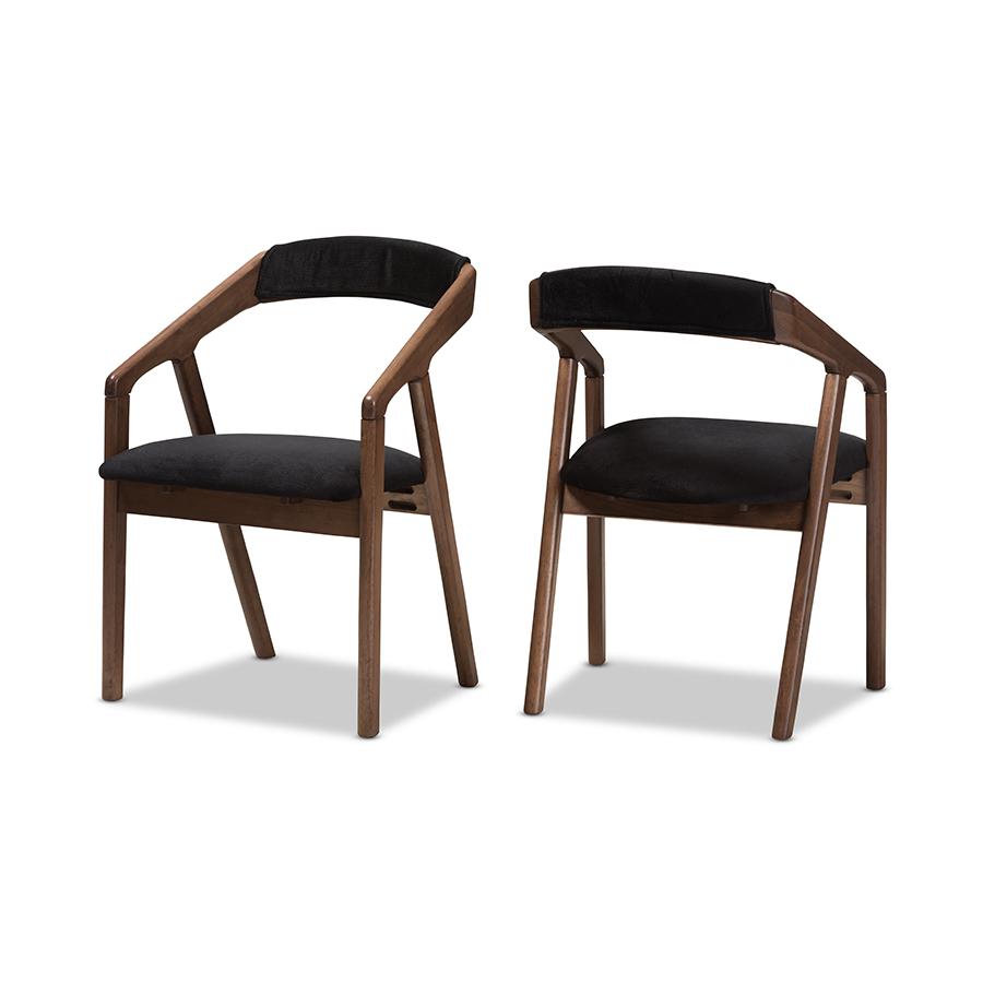 Wendy Mid-Century Modern Black Velvet and "Oak" Medium Brown Wood Finishing Dining Chair (Set of 2). Picture 1