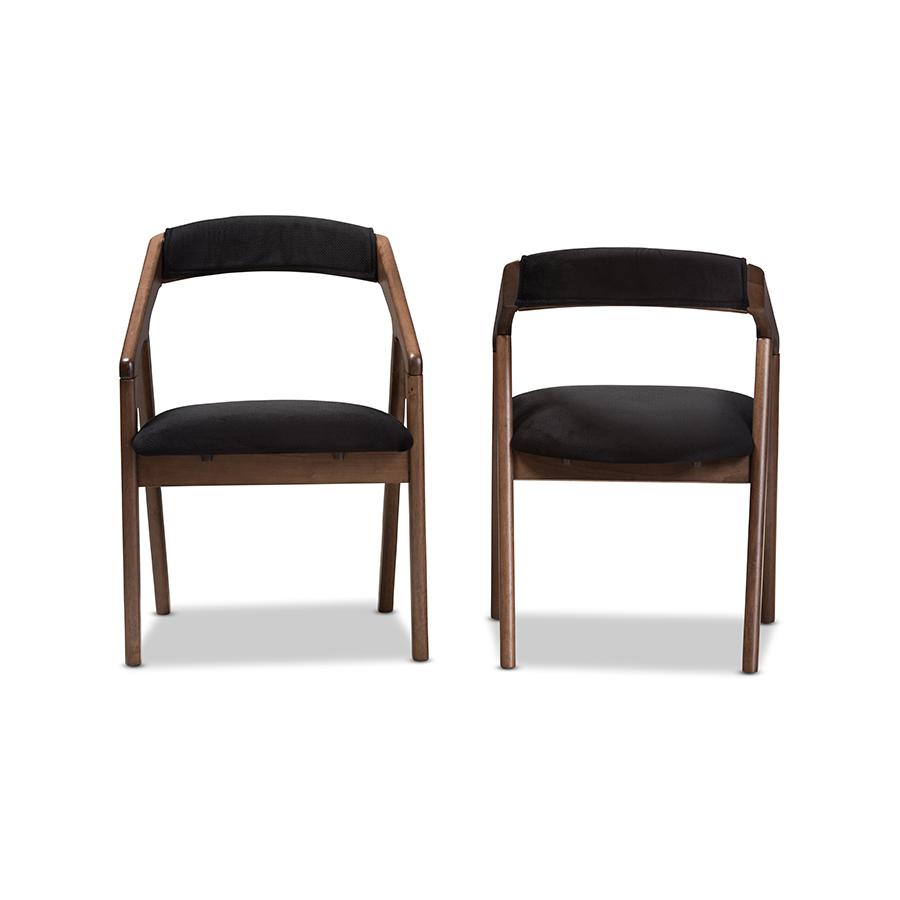 Wendy Mid-Century Modern Black Velvet and "Oak" Medium Brown Wood Finishing Dining Chair (Set of 2). Picture 2