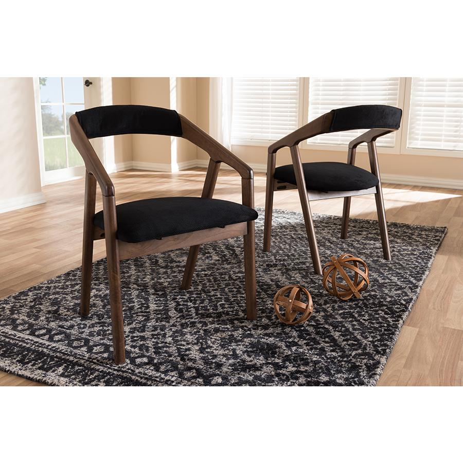 Wendy Mid-Century Modern Black Velvet and "Oak" Medium Brown Wood Finishing Dining Chair (Set of 2). Picture 5