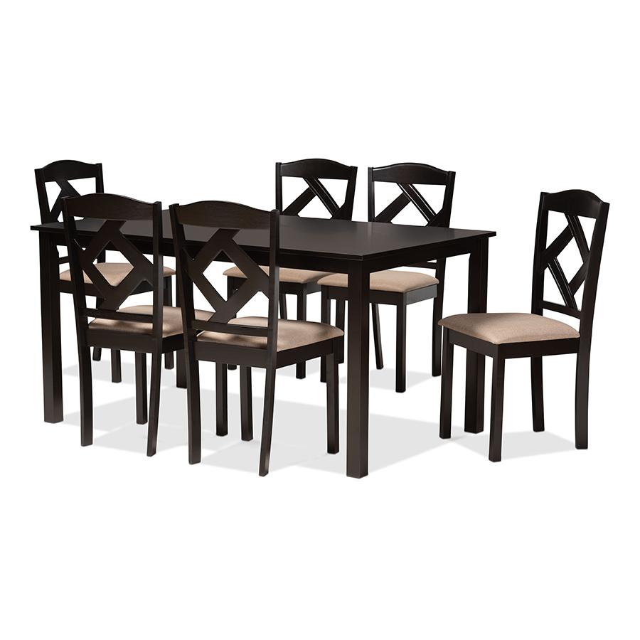 Ruth Sand Fabric Upholstered and Dark Brown Finished Wood 7-Piece Dining Set. Picture 1