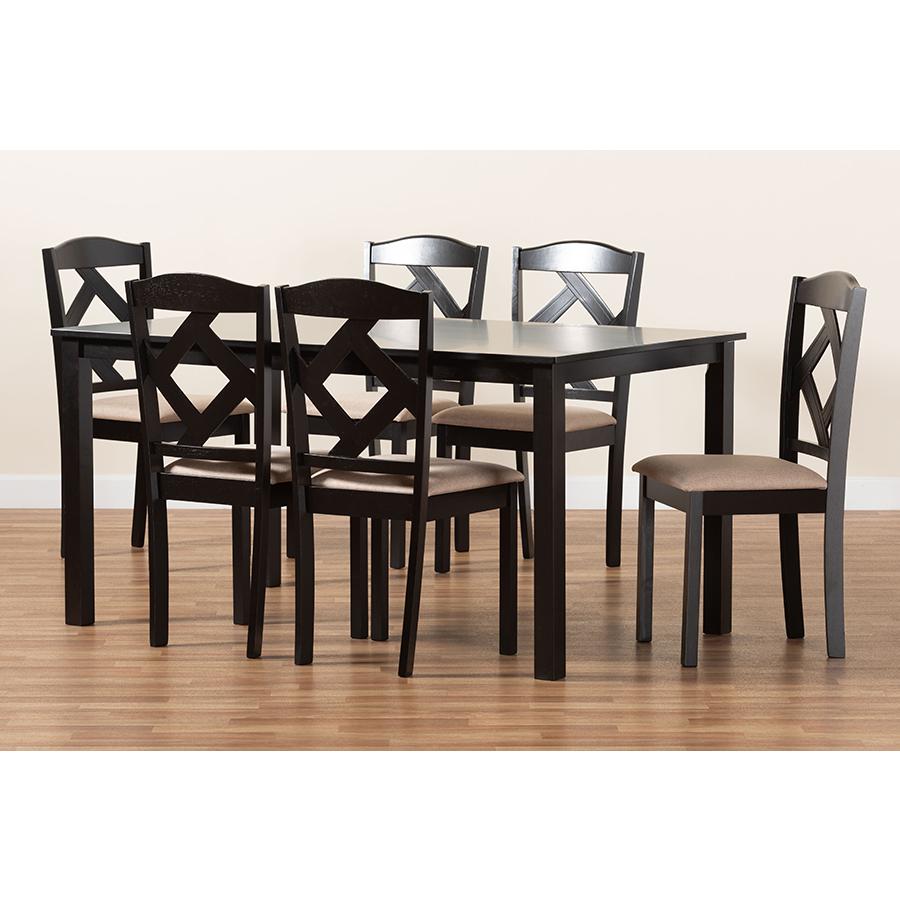 Ruth Sand Fabric Upholstered and Dark Brown Finished Wood 7-Piece Dining Set. Picture 9