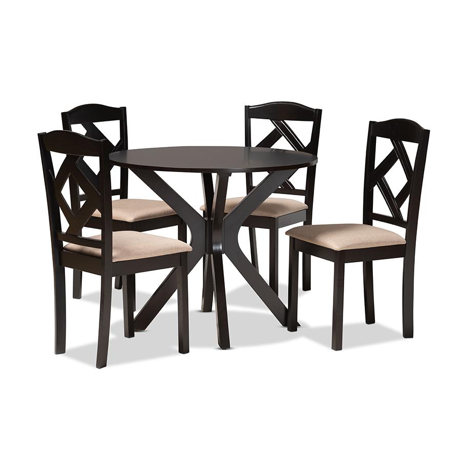 Carlin Sand Fabric Upholstered and Dark Brown Finished Wood 5-Piece Dining Set. Picture 1