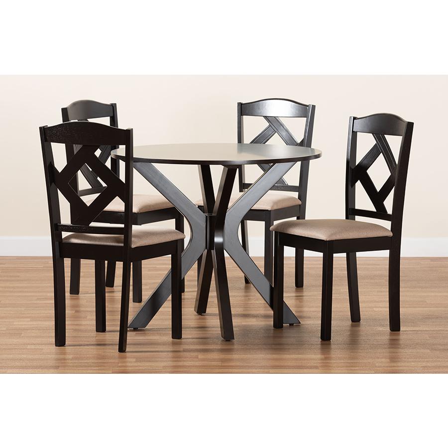Carlin Sand Fabric Upholstered and Dark Brown Finished Wood 5-Piece Dining Set. Picture 9