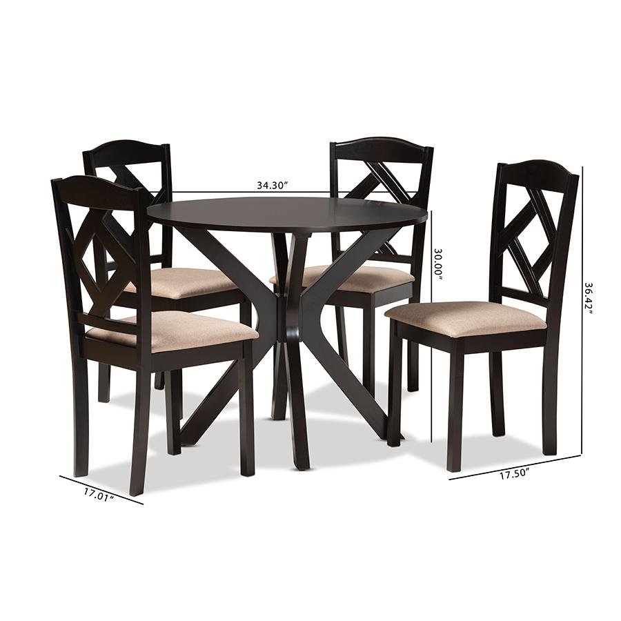Carlin Sand Fabric Upholstered and Dark Brown Finished Wood 5-Piece Dining Set. Picture 10