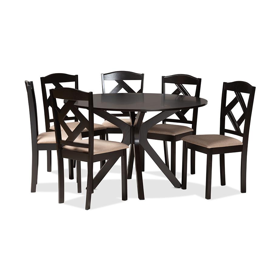 Carlin Sand Fabric Upholstered and Dark Brown Finished Wood 7-Piece Dining Set. Picture 1