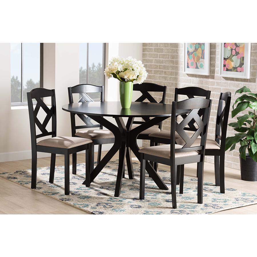Carlin Sand Fabric Upholstered and Dark Brown Finished Wood 7-Piece Dining Set. Picture 8