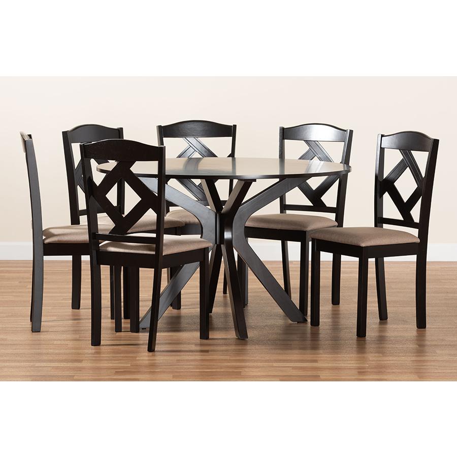 Carlin Sand Fabric Upholstered and Dark Brown Finished Wood 7-Piece Dining Set. Picture 9