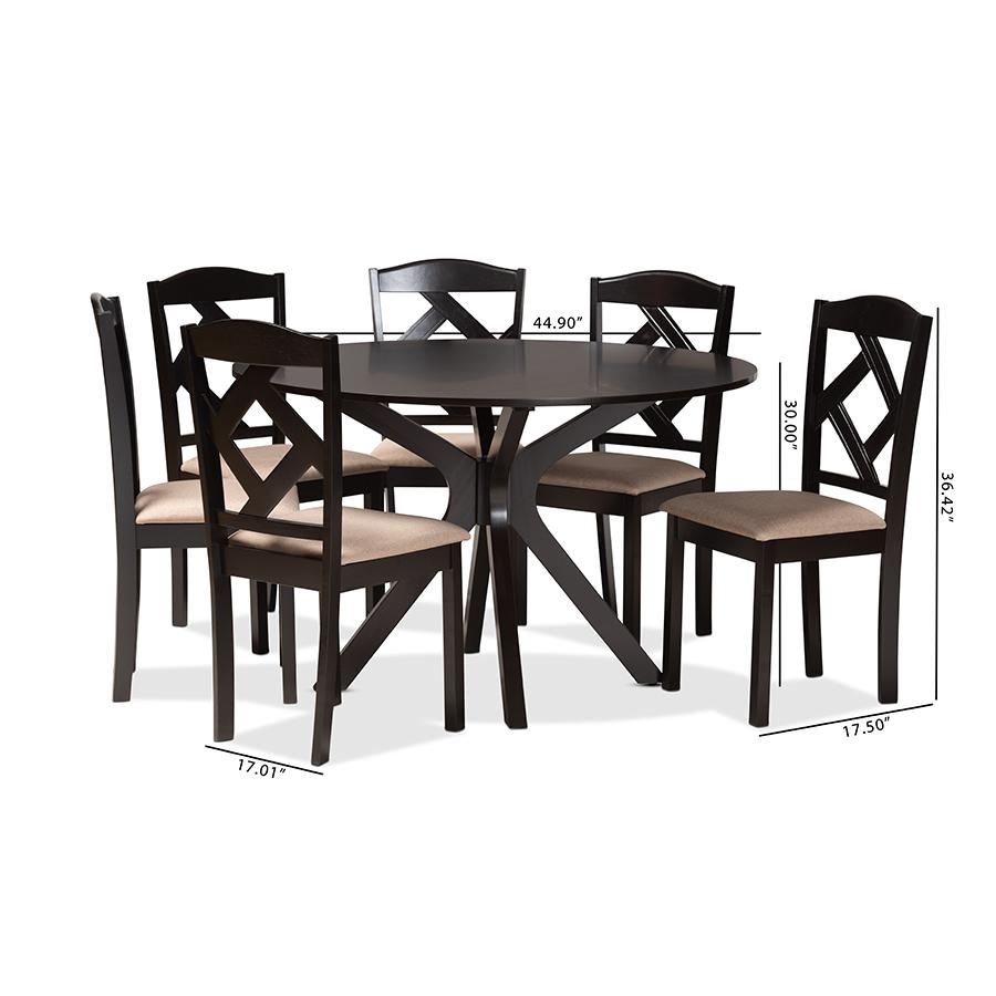 Carlin Sand Fabric Upholstered and Dark Brown Finished Wood 7-Piece Dining Set. Picture 10