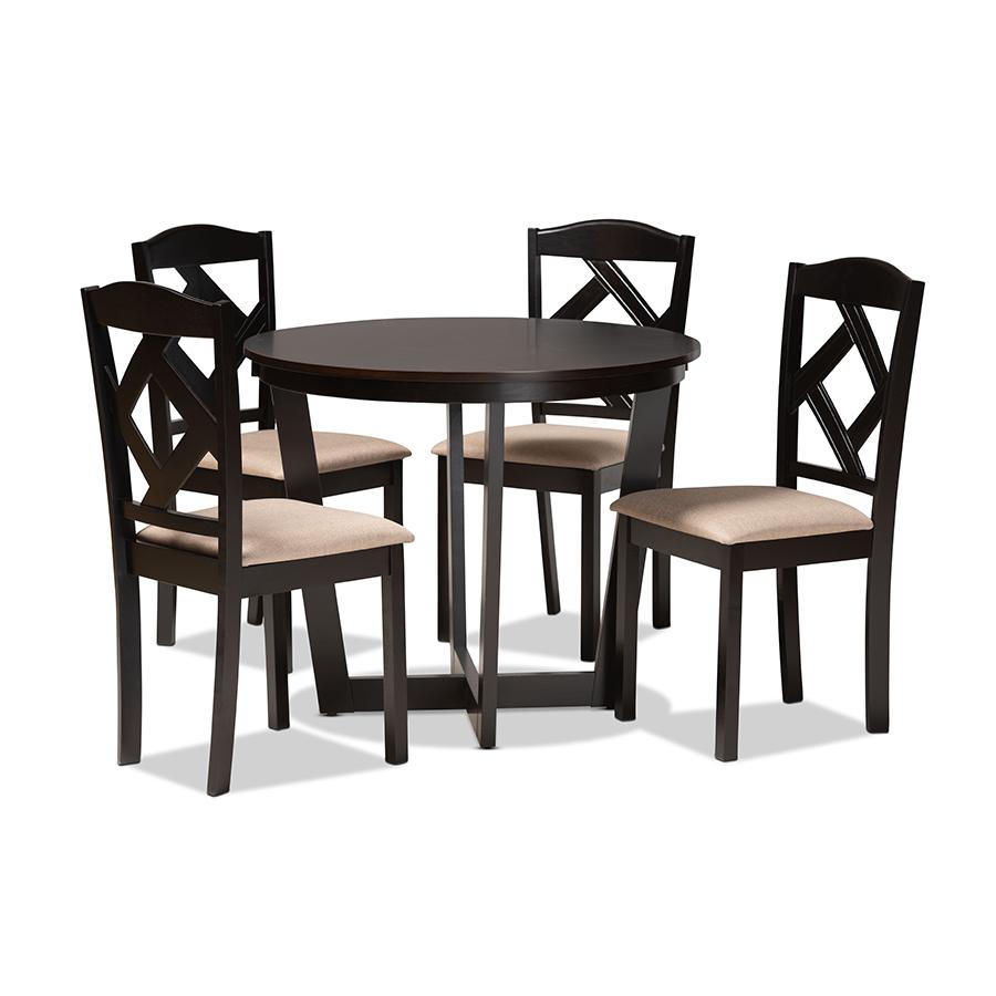 Morigan Sand Fabric Upholstered and Dark Brown Finished Wood 5-Piece Dining Set. Picture 1