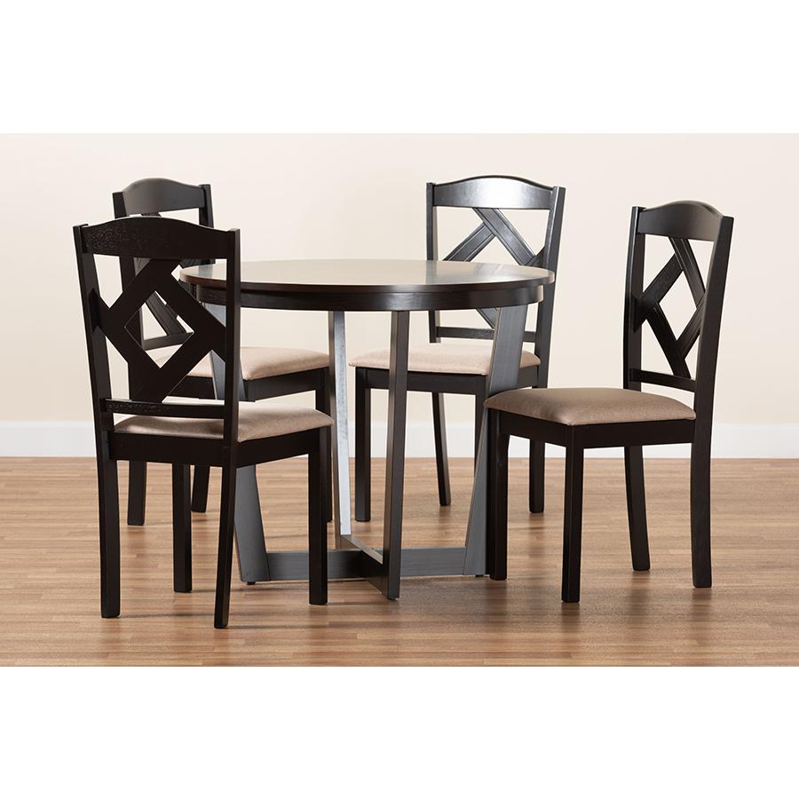 Morigan Sand Fabric Upholstered and Dark Brown Finished Wood 5-Piece Dining Set. Picture 9