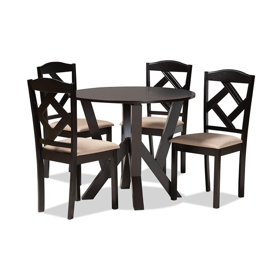 Riona Sand Fabric Upholstered and Dark Brown Finished Wood 5-Piece Dining Set. Picture 1