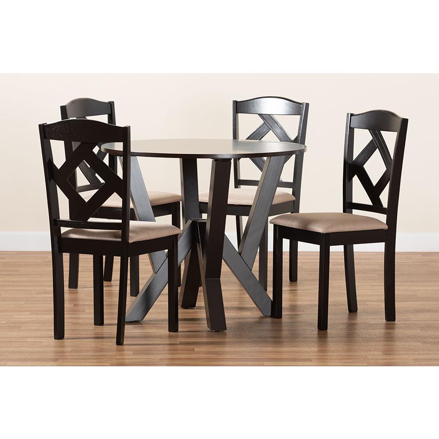 Riona Sand Fabric Upholstered and Dark Brown Finished Wood 5-Piece Dining Set. Picture 9