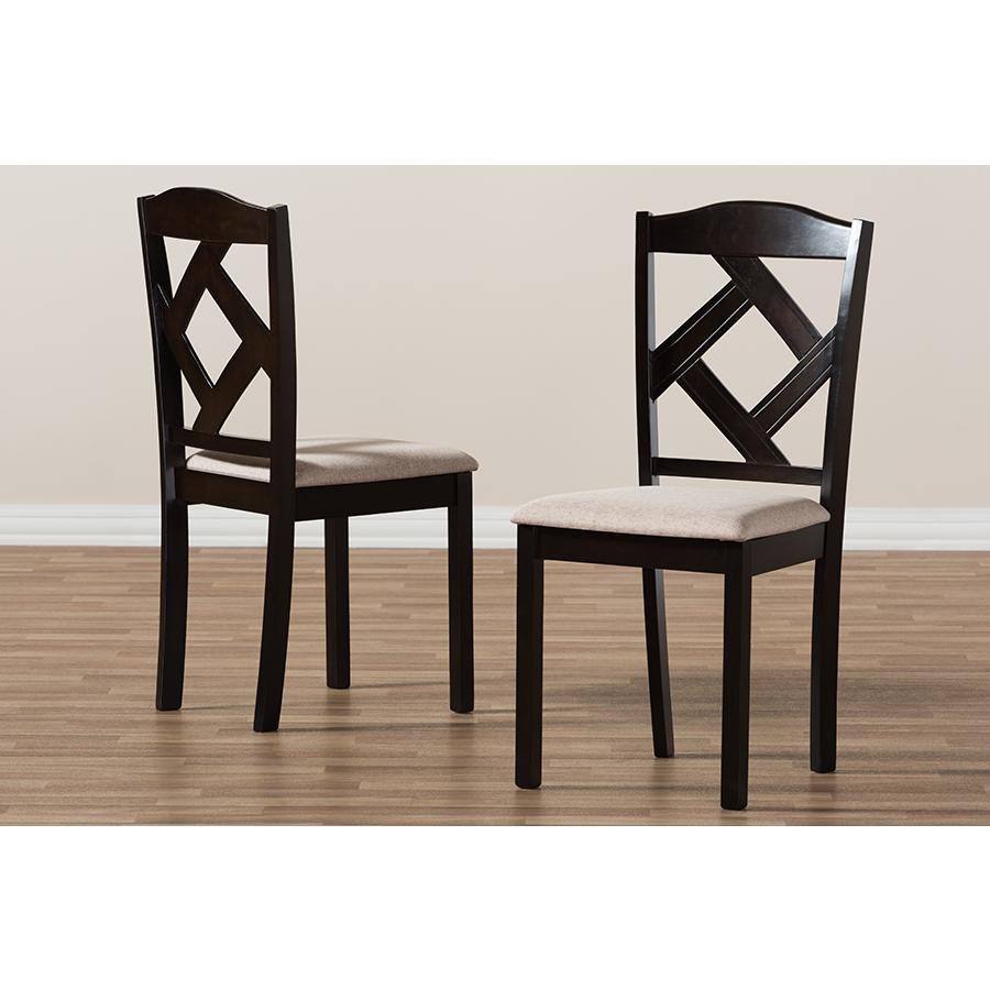 Ruth Modern and Contemporary Beige Fabric Upholstered and Dark Brown Finished Dining Chair (Set of 2). Picture 6