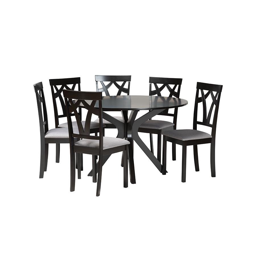 Luise Modern Grey Fabric and Dark Brown Finished Wood 7-Piece Dining Set. Picture 1