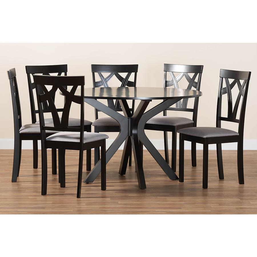 Luise Modern Grey Fabric and Dark Brown Finished Wood 7-Piece Dining Set. Picture 9