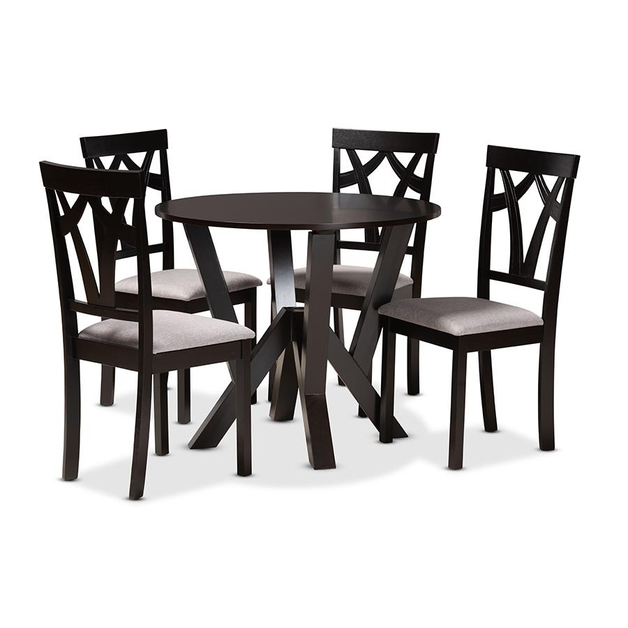 Grey Fabric Upholstered and Dark Brown Finished Wood 5-Piece Dining Set. Picture 1
