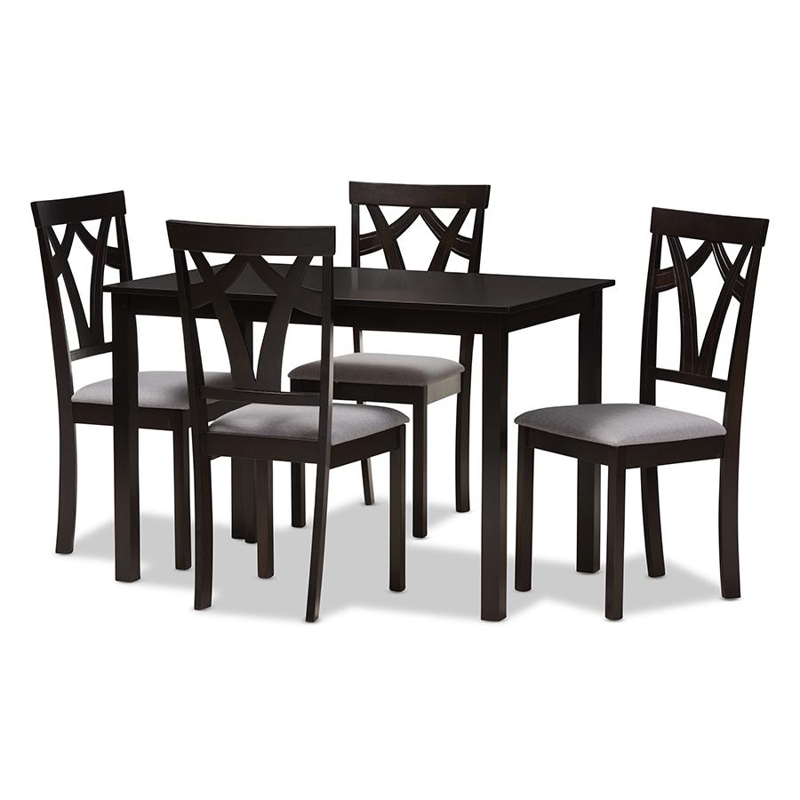 Grey Fabric Upholstered and Dark Brown Finished 5-Piece Dining Set. Picture 1