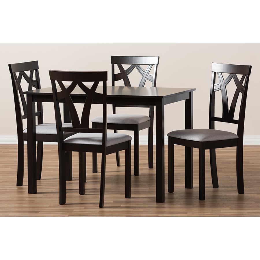 Sylvia Modern and Contemporary Grey Fabric Upholstered and Dark Brown Finished 5-Piece Dining Set. Picture 6