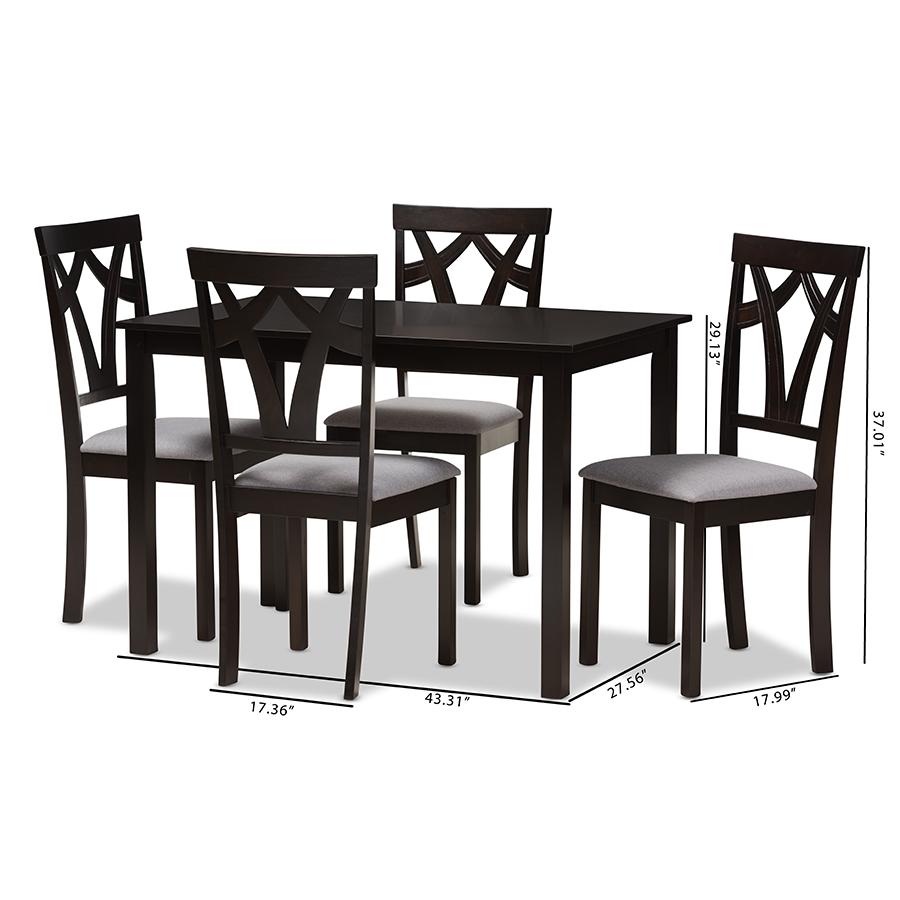 Grey Fabric Upholstered and Dark Brown Finished 5-Piece Dining Set. Picture 7