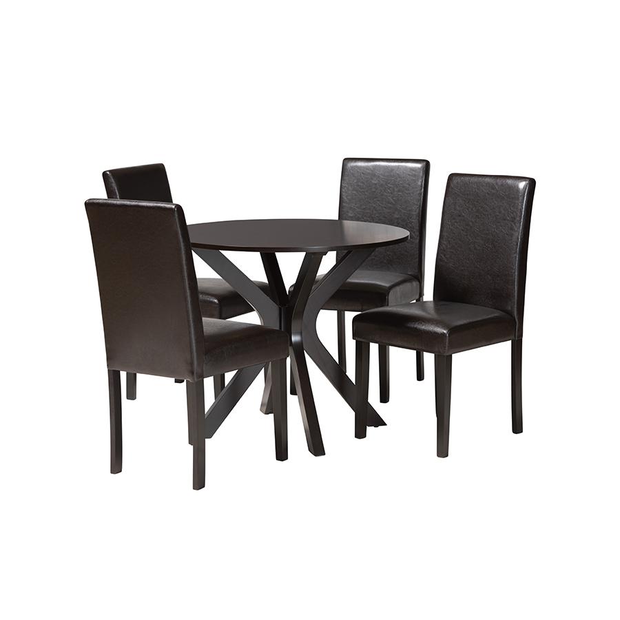 Asli Modern Espresso Brown Faux Leather and Wood 5-Piece Dining Set. Picture 1